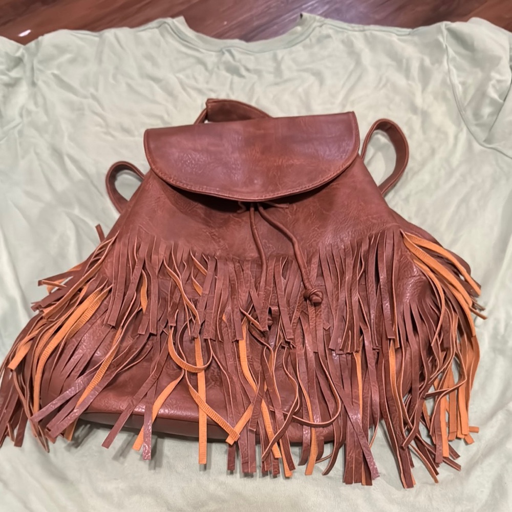 Brown Fringe Leather Backpack